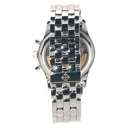 Rückseite der Patek Philippe Annual Calendar 5960/1A-001 mit poliertem Edelstahlarmband und Faltschließe