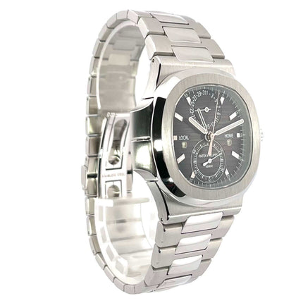 Patek Philippe Nautilus 5990/1A-001 Reisezeit Herrenuhr mit Edelstahlgehäuse und Armband, schwarzes Zifferblatt, Automatikaufzug