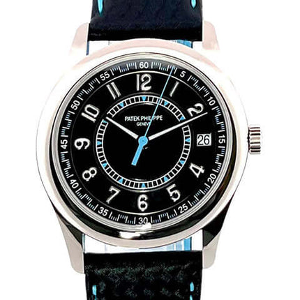 Patek Philippe Calatrava Weissgold 6007G-011 Herrenuhr mit schwarzem Zifferblatt und Lederarmband, poliertes 18 kt Weißgold, 40 mm Gehäusedurchmesser