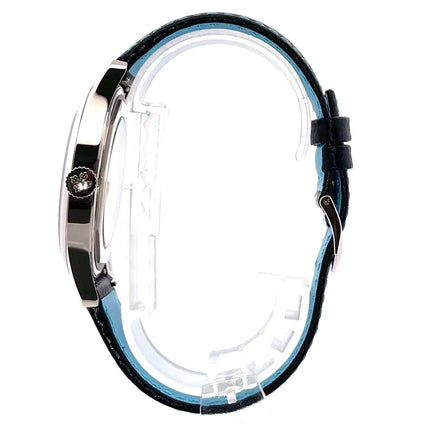 Seitenansicht der Patek Philippe Calatrava Weißgold 6007G-011 Uhr mit poliertem 18 kt Weißgoldgehäuse und schwarzem Lederarmband.