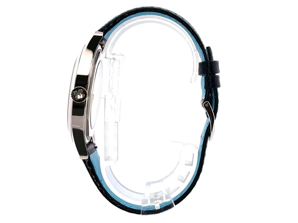 Seitenansicht der Patek Philippe Calatrava Weißgold 6007G-011 Uhr mit poliertem 18 kt Weißgoldgehäuse und schwarzem Lederarmband.