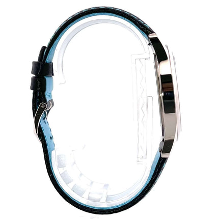 Patek Philippe Calatrava Weißgold 6007G-011 Seitenansicht mit schwarzem Lederarmband, Gehäuse aus 18 kt Weißgold, elegante Uhr.