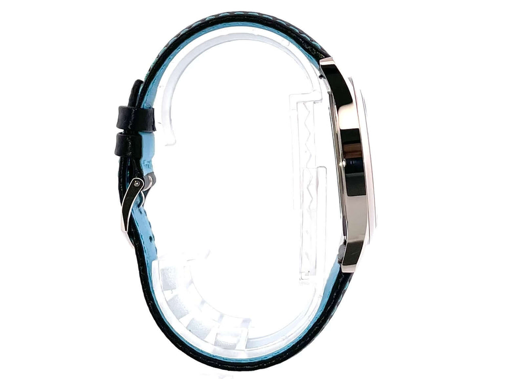 Patek Philippe Calatrava Weißgold 6007G-011 Seitenansicht mit schwarzem Lederarmband, Gehäuse aus 18 kt Weißgold, elegante Uhr.