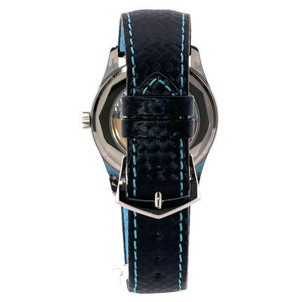 Rückseite der Patek Philippe Calatrava 6007G-011, schwarzes Lederarmband mit blauen Nähten und 18 kt Weißgold Dornschließe