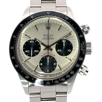 Rolex Daytona Edelstahl 6263, poliertes und satiniertes Gehäuse, schwarze Tachymeterskala, silbernes Zifferblatt, Oyster Edelstahlband