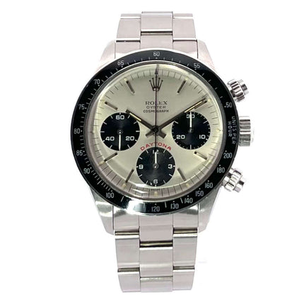 Rolex Daytona Edelstahl 6263 mit silberfarbenem Zifferblatt, schwarzer Tachymeter-Lünette und Edelstahlband.