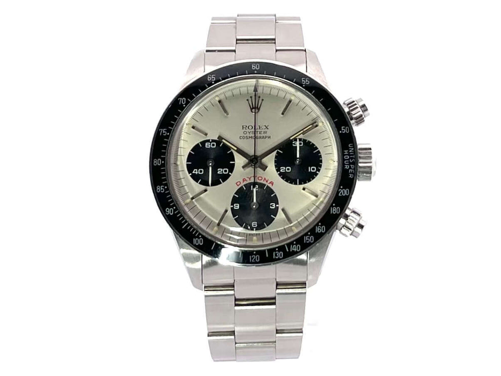 Rolex Daytona Edelstahl 6263 mit silberfarbenem Zifferblatt, schwarzer Tachymeter-Lünette und Edelstahlband.