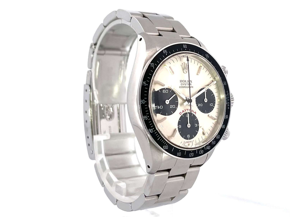 Rolex Daytona Edelstahl 6263 mit silberfarbenem Zifferblatt und schwarzer Tachymeterskala, Oyster Edelstahlband, sehr guter Zustand, ca. 1982.