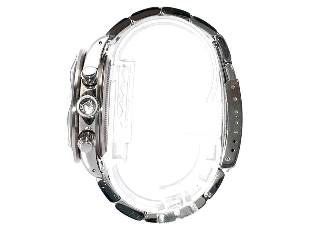 Seitenansicht Rolex Daytona Edelstahl 6263 mit Oyster Edelstahlband und Sicherheitsfaltschließe.