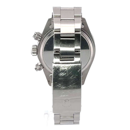 Rückansicht der Rolex Daytona Edelstahl 6263 mit satiniertem Oysterband und verschraubtem Edelstahlboden.