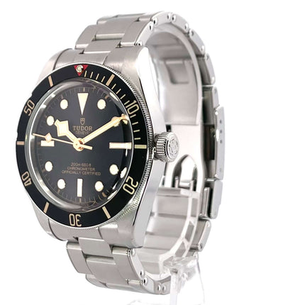 Tudor Heritage Black Bay Fifty-Eight 79030N-0001 Edelstahl Armbanduhr mit schwarzem Zifferblatt, Leuchtzeiger und einseitig drehbarer Lünette.