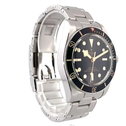 Tudor Heritage Black Bay Fifty-Eight 79030N-0001 Edelstahl-Uhr mit schwarzem Zifferblatt und Leuchtindizes, einseitig drehbarer Lünette.