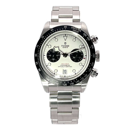 Tudor Heritage Black Bay Chrono 79360N-0002 Edelstahlarmband, opalfarbenes Zifferblatt, schwarze Totalisatoren, Leuchtindizes, 41 mm Gehäusedurchmesser