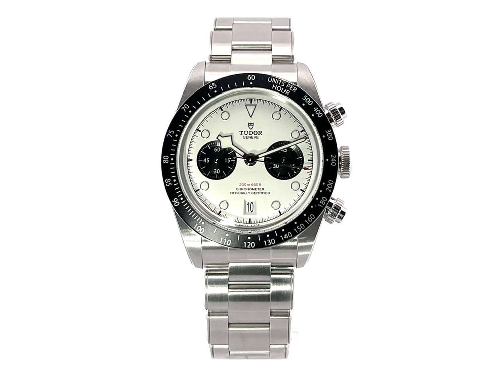 Tudor Heritage Black Bay Chrono 79360N-0002 Edelstahlarmband, opalfarbenes Zifferblatt, schwarze Totalisatoren, Leuchtindizes, 41 mm Gehäusedurchmesser