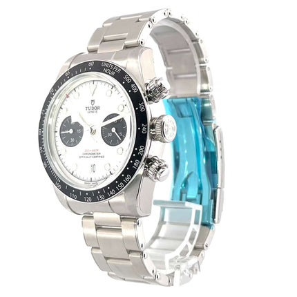 Tudor Heritage Black Bay Chrono 79360N-0002 aus Edelstahl mit weißem Zifferblatt und schwarzer Lünette, Seitenansicht