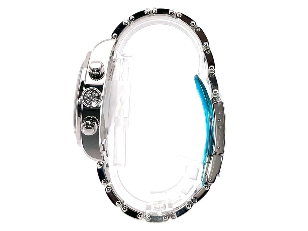 Seite der Tudor Heritage Black Bay Chrono 79360N-0002 Uhr mit Edelstahlgehäuse und Armband