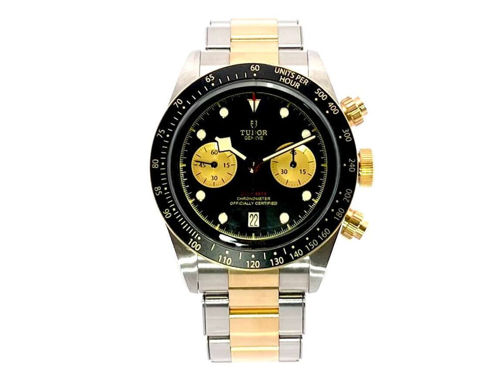 Tudor Heritage Black Bay Chrono Steel Gold Ref. 79363N-0001, Edelstahl- und Gelbgoldgehäuse, schwarzes Zifferblatt, 41mm Durchmesser