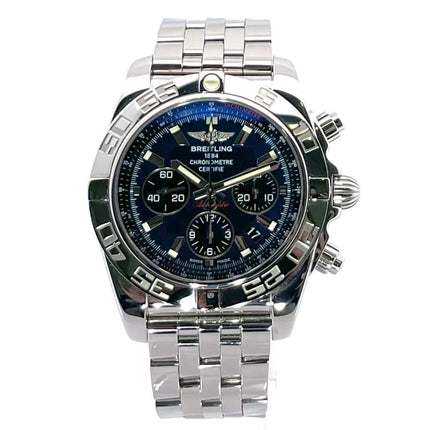 Breitling Chronomat 44 Ref. AB011012 (A011C89PA) mit blauem Zifferblatt, Edelstahlgehäuse und Armband, poliert und satiniert