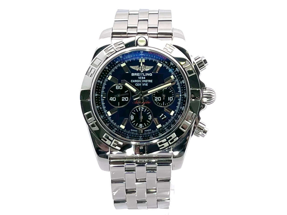 Breitling Chronomat 44 Ref. AB011012 (A011C89PA) mit blauem Zifferblatt, Edelstahlgehäuse und Armband, poliert und satiniert