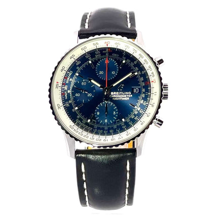 Breitling Navitimer 1 Chronograph 41 Aurora Blue mit schwarzem Lederband und blauem Zifferblatt, Edelstahlgehäuse, und Rechenschieber-Lünette
