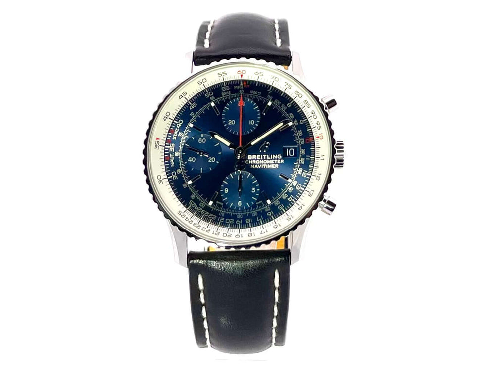 Breitling Navitimer 1 Chronograph 41 Aurora Blue mit schwarzem Lederband und blauem Zifferblatt, Edelstahlgehäuse, und Rechenschieber-Lünette