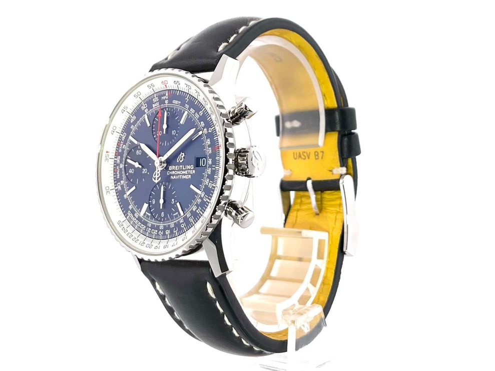 Breitling Navitimer 1 Chronograph 41 Aurora Blue A13324121C1X1, Edelstahlgehäuse, schwarzes Lederband, blaues Zifferblatt, aus 2022.