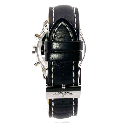 Rückansicht der Breitling Navitimer 1 Chronograph 41 Aurora Blue mit schwarzem Lederband und Dornschließe.