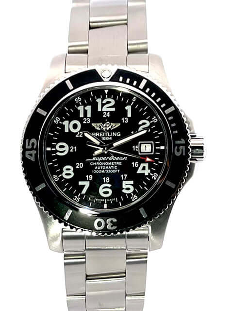Breitling Superocean II 44 A17392D7.BD68.162A Edelstahl Armband, schwarzes Zifferblatt, polierte Lünette, einseitig drehbar, luxuriöse Taucheruhr