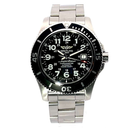 Breitling Superocean II 44 Edelstahl Uhr mit schwarzem Zifferblatt, Leuchtziffern und Professional III Edelstahlarmband