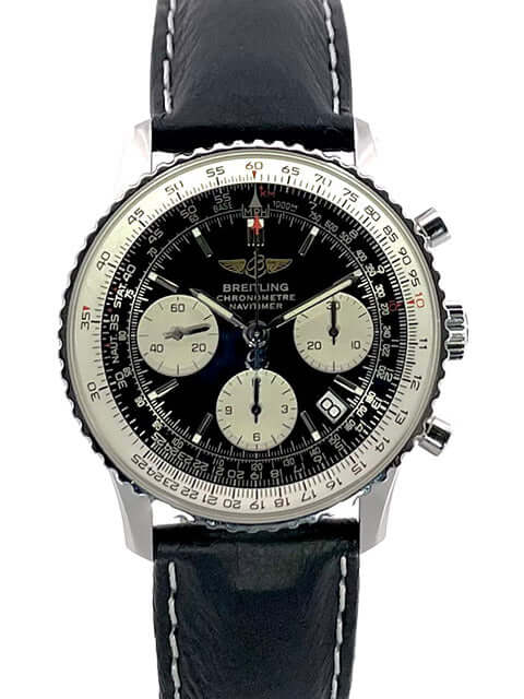 Breitling Navitimer Chronograph A23322 mit schwarzem Zifferblatt, Edelstahlgehäuse, schwarzem Lederband und drehbarer Lünette