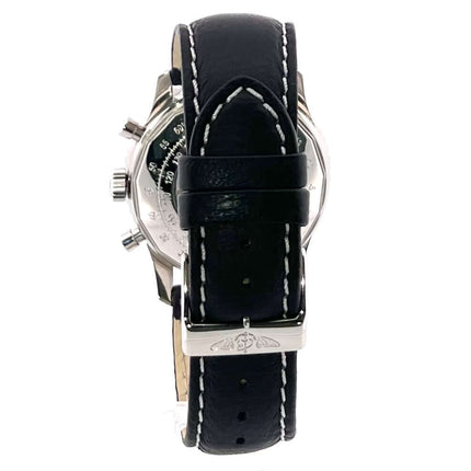 Rückseite der Breitling Navitimer Chronograph A23322 mit schwarzem Lederband und Dornschließe