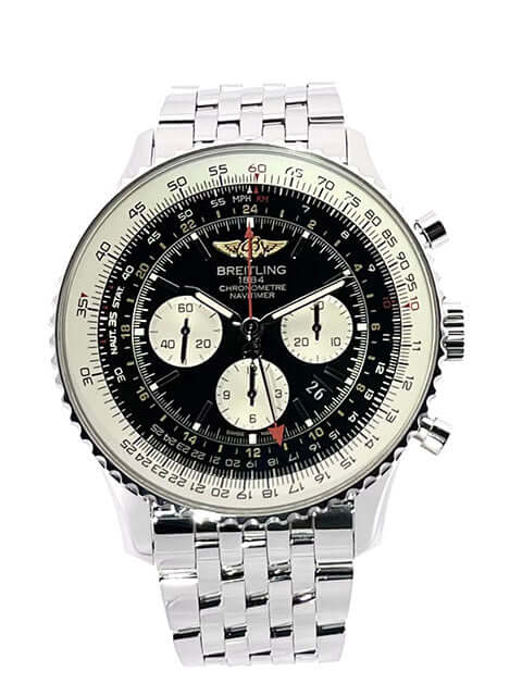 Breitling Navitimer GMT Edelstahluhr mit schwarzem Zifferblatt und Edelstahlarmband, Modell AB044121.BD24.443A aus 2015