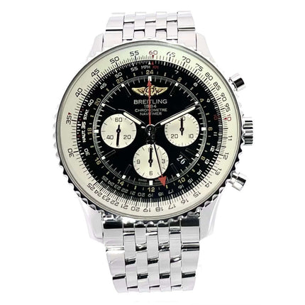 Breitling Navitimer GMT AB044121 BD24 443A, polierter Edelstahl, 48 mm Gehäuse, schwarzes Zifferblatt, Edelstahlarmband, 2015 Modell.