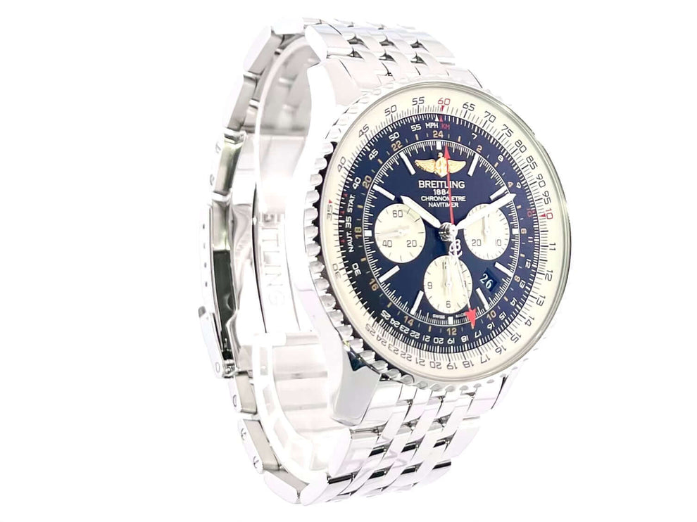 Breitling Navitimer GMT AB044121.BD24.443A Edelstahl Chronograph 48mm mit schwarzem Zifferblatt und silbernen Totalisatoren