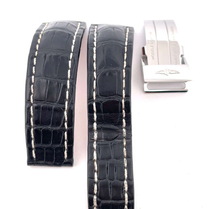 Schwarzes Lederarmband und Edelstahlschließe für Breitling Navitimer GMT Uhr