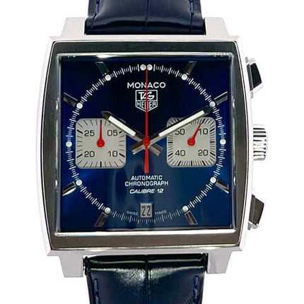 TAG Heuer Monaco Automatik Chronograph CAW2111.FC6183 in Edelstahl mit blauem Zifferblatt und dunkelblauem Krokoleder-Armband.