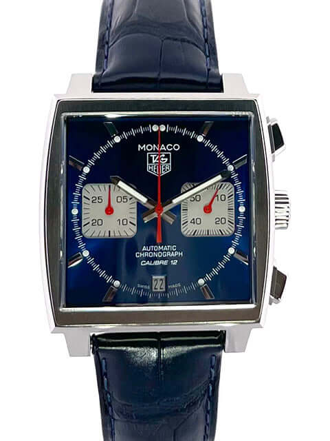 TAG Heuer Monaco Automatik Chronograph CAW2111.FC6183 in Edelstahl mit blauem Zifferblatt und dunkelblauem Krokoleder-Armband.