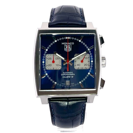 TAG Heuer Monaco Automatik Chronograph CAW2111.FC6183 mit rechteckigem Edelstahlgehäuse und dunkelblauem Krokoleder Armband.