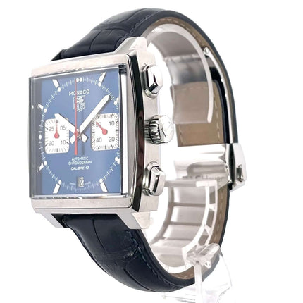 TAG Heuer Monaco Automatik Chronograph CAW2111.FC6183, Edelstahlgehäuse, blaues Zifferblatt, dunkelblaues Krokoleder Armband.