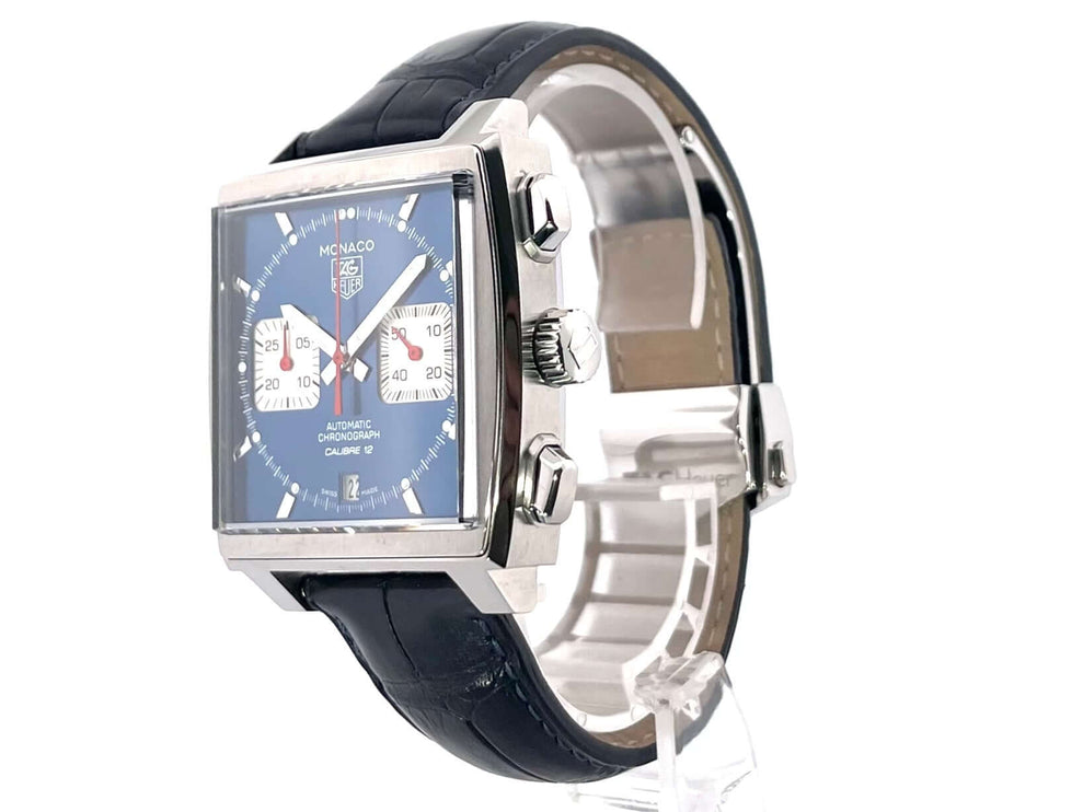 TAG Heuer Monaco Automatik Chronograph CAW2111.FC6183, Edelstahlgehäuse, blaues Zifferblatt, dunkelblaues Krokoleder Armband.