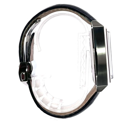 TAG Heuer Monaco Automatik Chronograph CAW2111.FC6183 Seitenansicht, Edelstahlgehäuse, dunkles Krokolederarmband, rechteckiges Design.