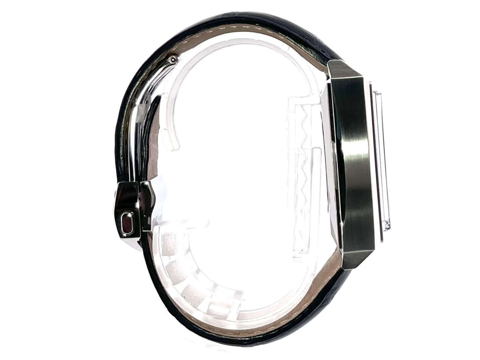 TAG Heuer Monaco Automatik Chronograph CAW2111.FC6183 Seitenansicht, Edelstahlgehäuse, dunkles Krokolederarmband, rechteckiges Design.