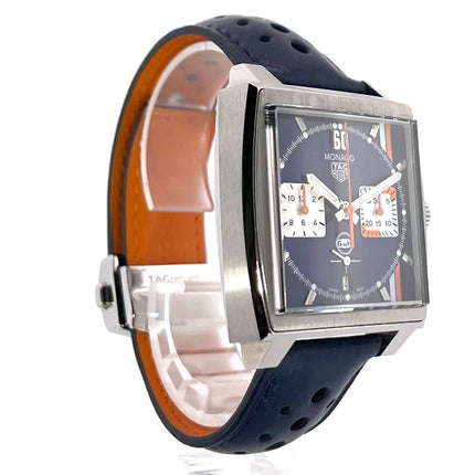 TAG Heuer Monaco Gulf Chronograph CBL2115.FC6494, rechteckiges Edelstahlgehäuse, blaues Lederband, blaues Zifferblatt, Chronograph, Automatik-Uhr, Saphirglas.