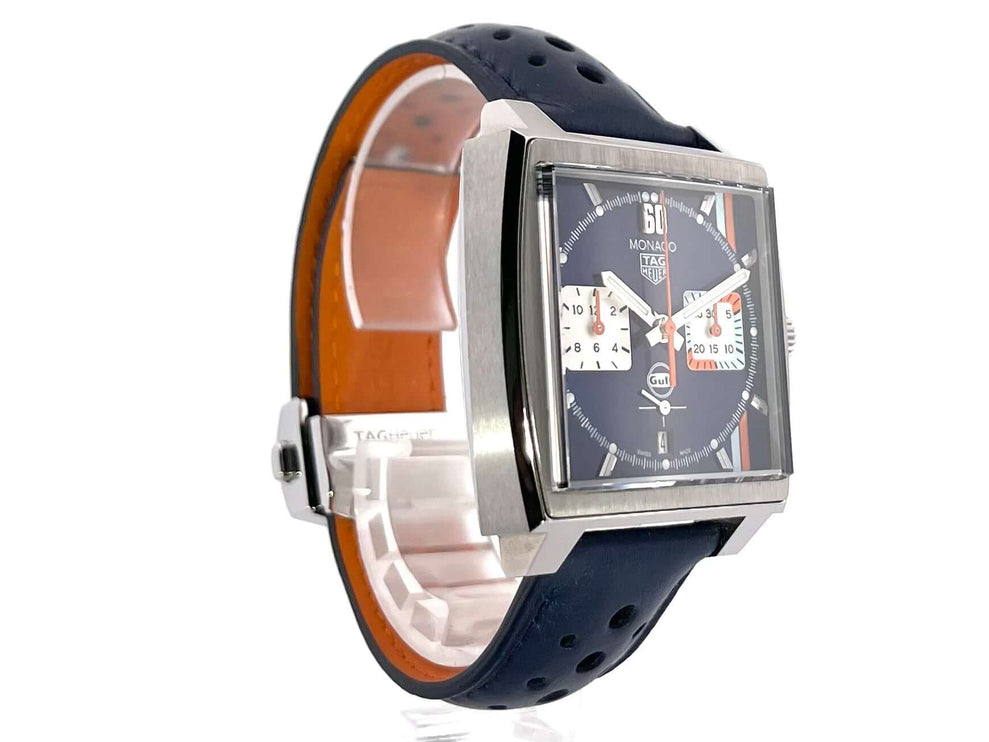 TAG Heuer Monaco Gulf Chronograph CBL2115.FC6494, rechteckiges Edelstahlgehäuse, blaues Lederband, blaues Zifferblatt, Chronograph, Automatik-Uhr, Saphirglas.