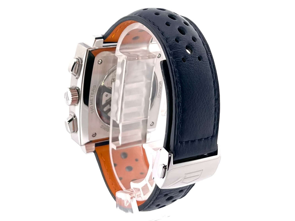 TAG Heuer Monaco Gulf Chronograph CBL2115.FC6494 Rückansicht mit blauem Lederarmband und Edelstahlgehäuse