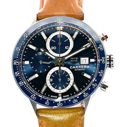 TAG Heuer Carrera Calibre 16 Chronograph CBM2112.FC6455 mit blauem Zifferblatt und braunem Lederarmband, Edelstahlgehäuse, Automatik.