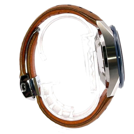 TAG Heuer Carrera Calibre 16 Automatik Chronograph CBM2112.FC6455, Seitenansicht mit braunem Lederband und Edelstahlgehäuse.