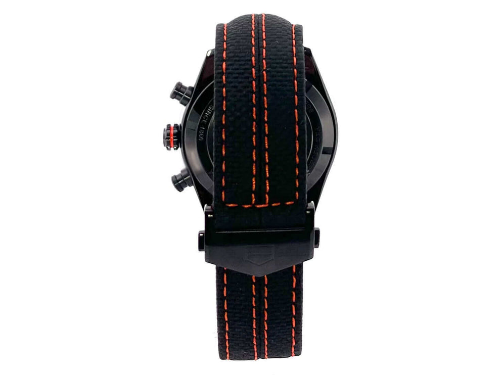 TAG Heuer Carrera Heuer 02 Chronograph Porsche Edition Rückansicht mit schwarzem Lederband und orangefarbener Naht