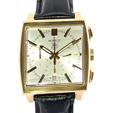 TAG Heuer Monaco Automatik Chronograph CW5140.FC8147 mit 18 kt Gelbgoldgehäuse und schwarzem Krokolederarmband.