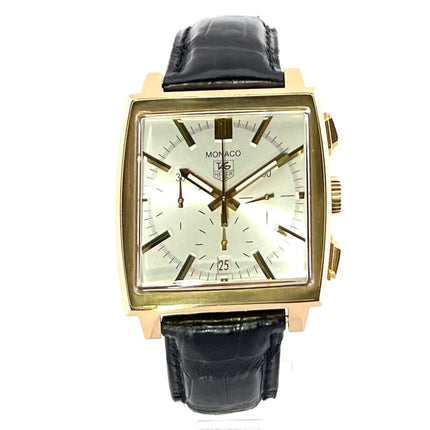 TAG Heuer Monaco Chronograph CW5140.FC8147, rechteckiges 18 kt Gelbgoldgehäuse, schwarzes Krokolederarmband, silbernes Zifferblatt